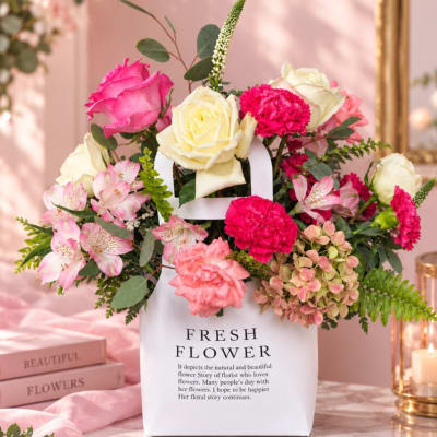Pink and white flower arrangement in a white gift bag with roses and carnations