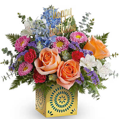 Mixed bouquet with roses, daisies, and a birthday topper in a decorative box