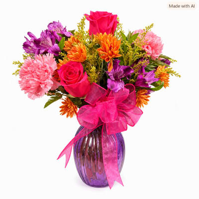 Bright mixed bouquet in a purple vase with a pink ribbon