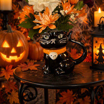 Halloween flower arrangement in a black cat vase with orange and white blooms