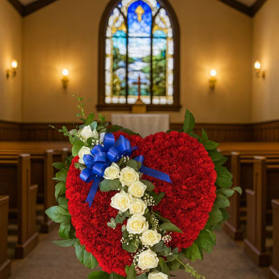 Heart-shaped red floral arrangement with white roses and a blue ribbon in a church
