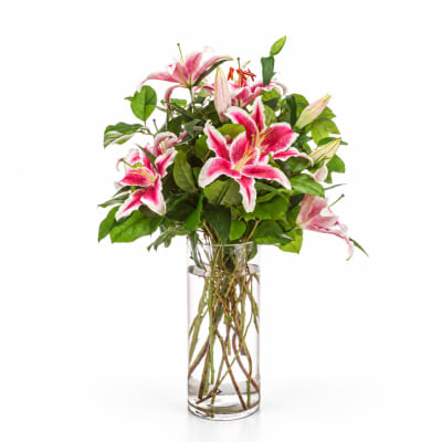 Pink lilies in a clear glass vase with green foliage