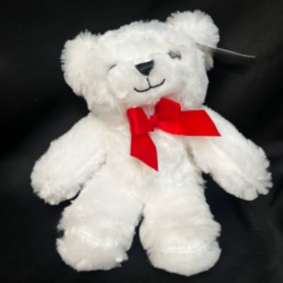 White teddy bear with a red ribbon on a black background