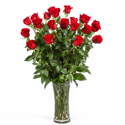 Red roses arranged in a clear glass vase