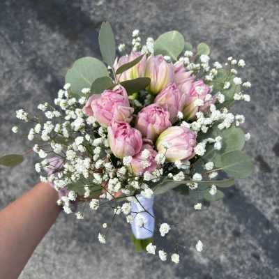 Handheld bouquet of pink tulips with white baby's breath