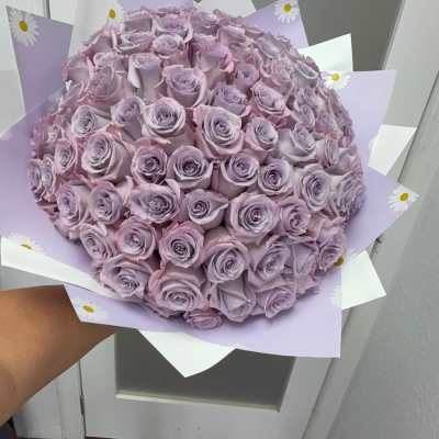 Large bouquet of lavender roses wrapped in pastel paper