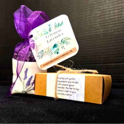 Lavender gift set with a purple organza bag and a wrapped soap bar