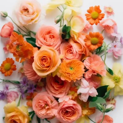 Assorted peach, pink, and yellow flowers arranged on a white background