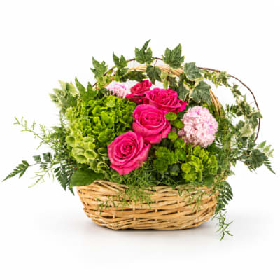 Pink roses and hydrangeas in a wicker basket with trailing ivy
