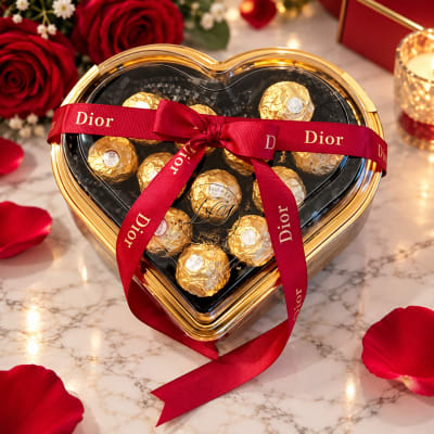 Heart-shaped box of gold-wrapped chocolates tied with a red Dior ribbon