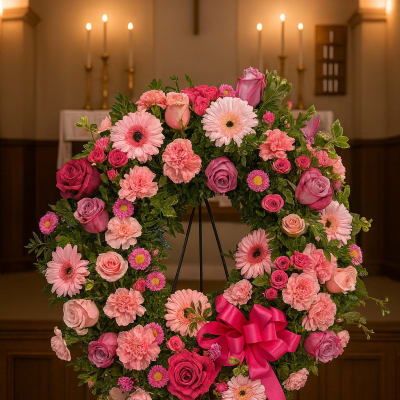 Pink floral wreath on a stand with a bright ribbon bow