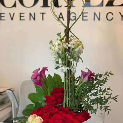 Green Heart Arrangement with Red & White Roses and Sweet Peas