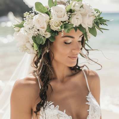 Bride wearing a white rose flower crown and veil at the beach