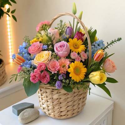 Colorful mixed flower basket with roses, tulips, and daisies
