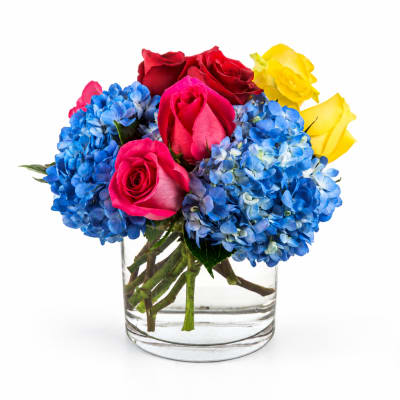 Colorful roses and blue hydrangeas arranged in a clear glass vase