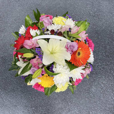 Mixed bouquet with lilies, gerbera daisies, roses, and chrysanthemums