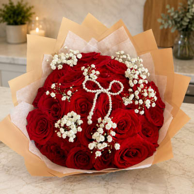Bouquet of red roses with white baby's breath and pearl ribbon