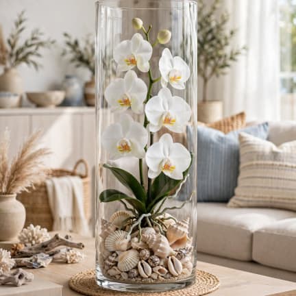 White orchid stems in a tall glass vase with seashells at the base