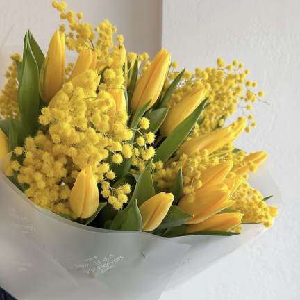 Bouquet of yellow tulips and fluffy yellow blossoms wrapped in white paper