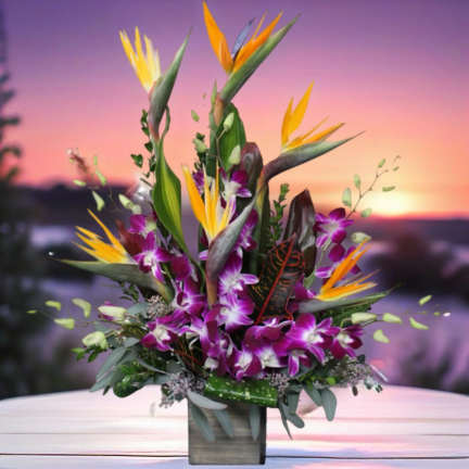 Tropical bouquet with purple orchids and bird of paradise in a square vase