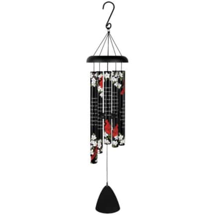 Black wind chime with floral-printed tubes and a hanging clapper