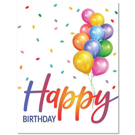 Birthday card with colorful balloons and confetti