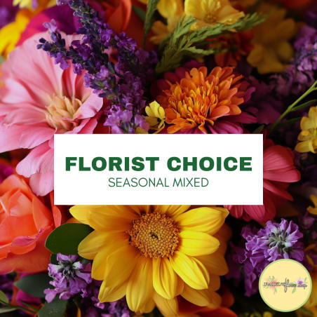 Mixed bouquet with pink, yellow, orange, and purple flowers