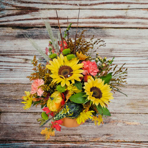 Sunflower arrangement in a pumpkin-shaped container with autumn accents