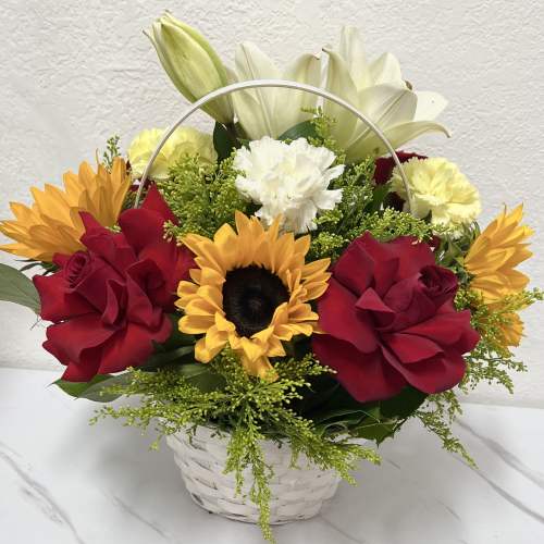 White Basket With Red Roses And Sunflowers