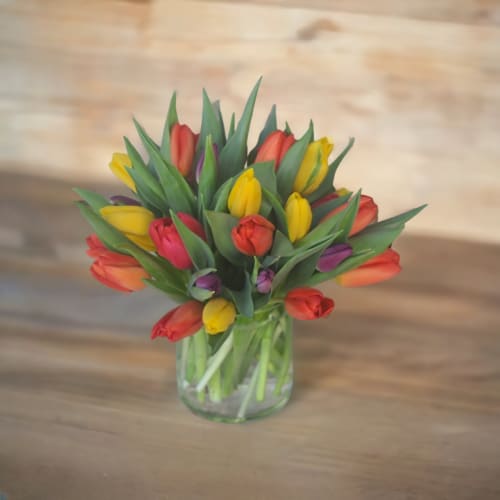 Bouquet of multicolored tulips in a clear glass vase