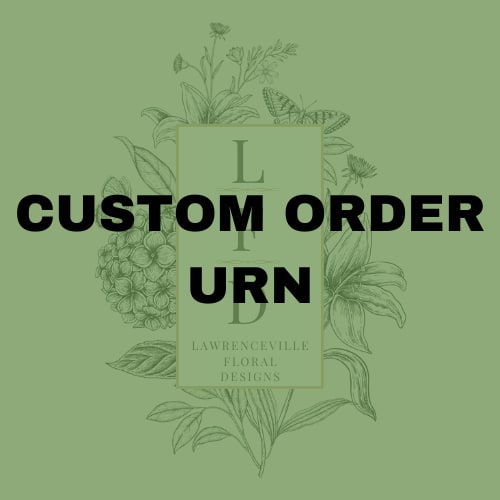 Custom order urn graphic on a green floral background