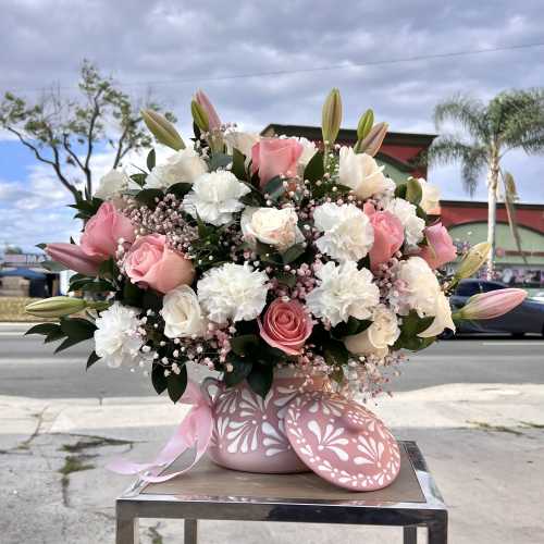 Love In Full Bloom - Pink & White Roses And White Carnations