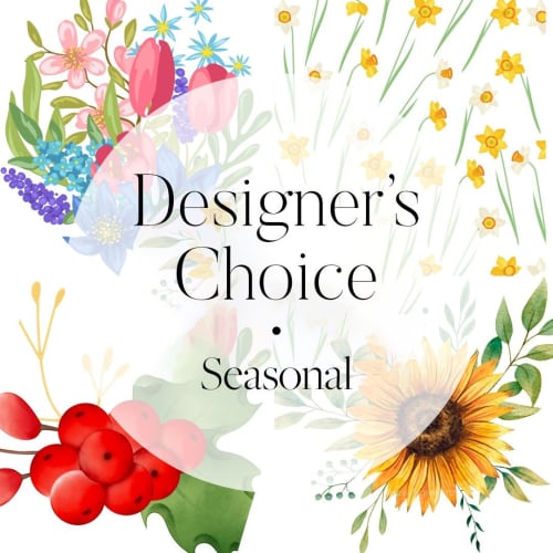 Designer’s Choice Seasonal text over a collage of illustrated flowers