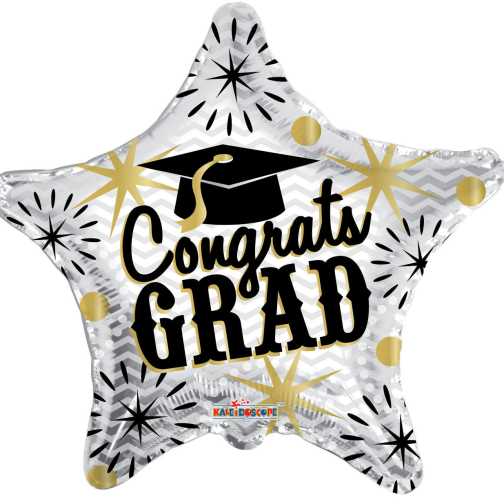 Star-shaped silver balloon with black and gold Congrats Grad text and graduation cap graphic