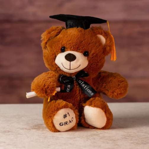 Plush brown teddy bear in a graduation cap holding a small diploma scroll