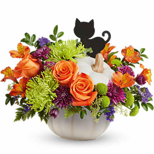 Orange roses and mixed flowers in a white pumpkin container with a black cat pick