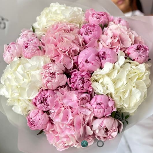 Bouquet of pink and white peonies wrapped in pale paper
