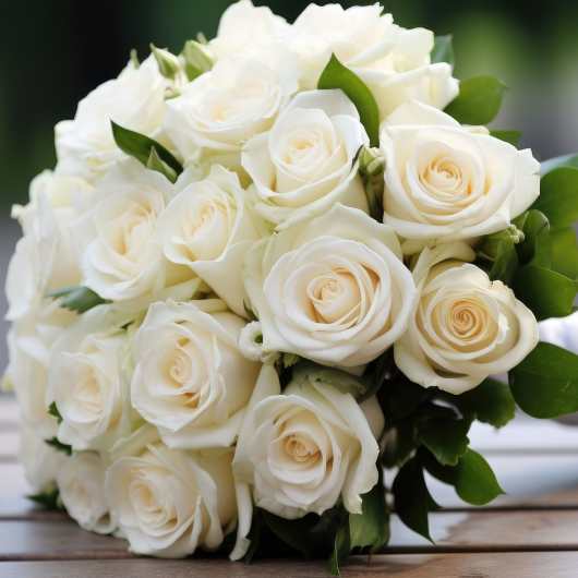 Bouquet of white roses with green leaves