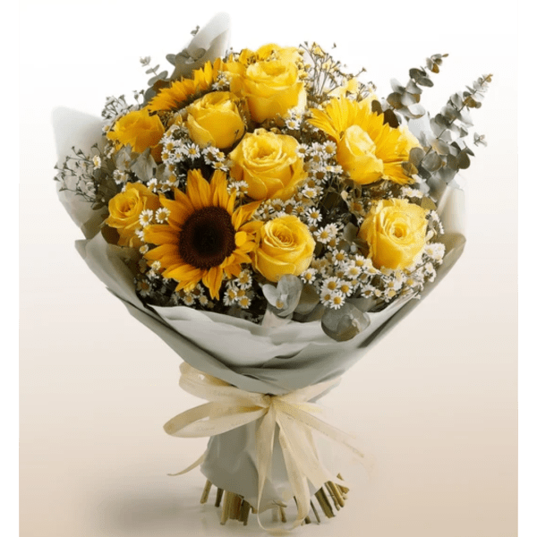 Yellow roses and sunflowers in a wrapped bouquet with a ribbon