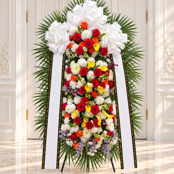 Standing floral spray with red, white, yellow, and orange blooms and large white bows