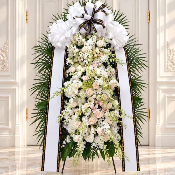 White funeral standing spray with ribbons on an easel