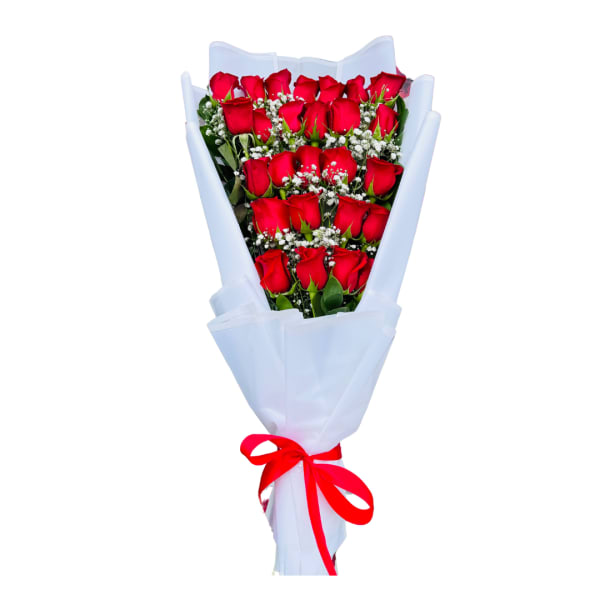 Tall bouquet of many red roses with small white filler flowers wrapped in white paper and tied with a red ribbon