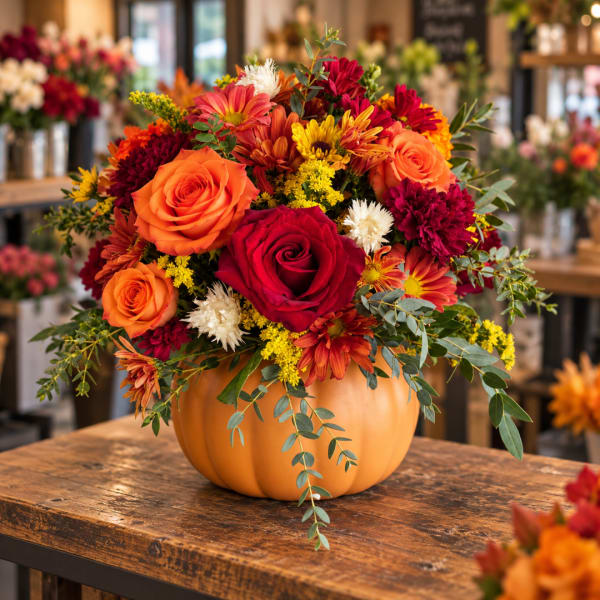 Bouquet of orange and red flowers arranged in a pumpkin vase