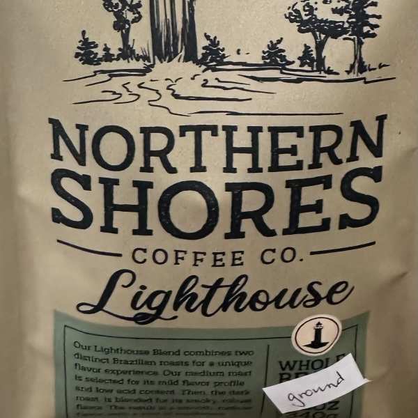 Bag of Northern Shores Lighthouse ground coffee
