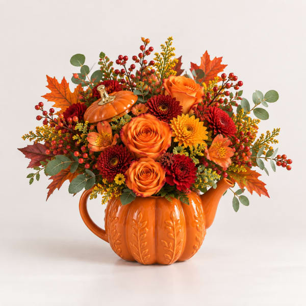 Orange and red floral arrangement in a pumpkin-shaped teapot vase