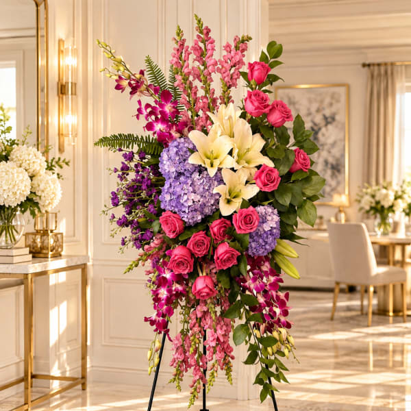 Tall standing floral spray with pink roses, lilies, orchids, and hydrangeas