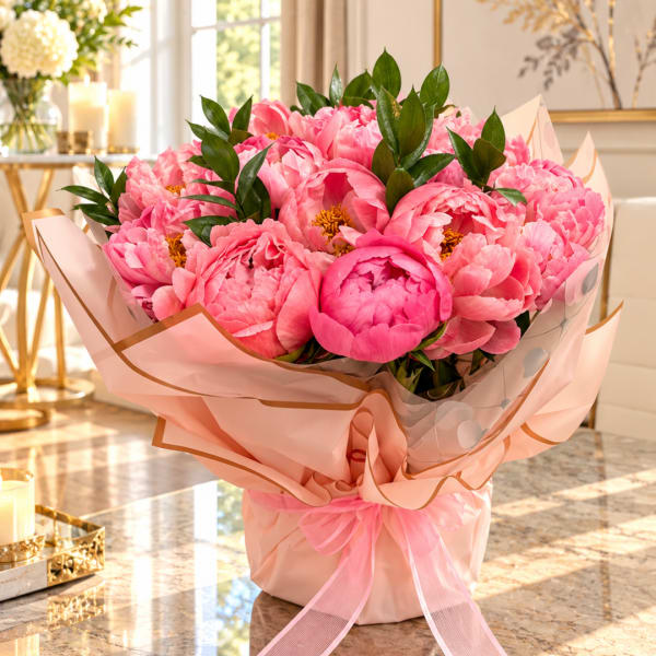 Pink peony bouquet wrapped in blush paper with a ribbon