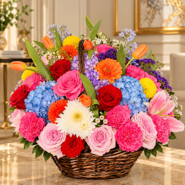 Colorful mixed flower basket with roses, hydrangeas, lilies, and gerbera daisies