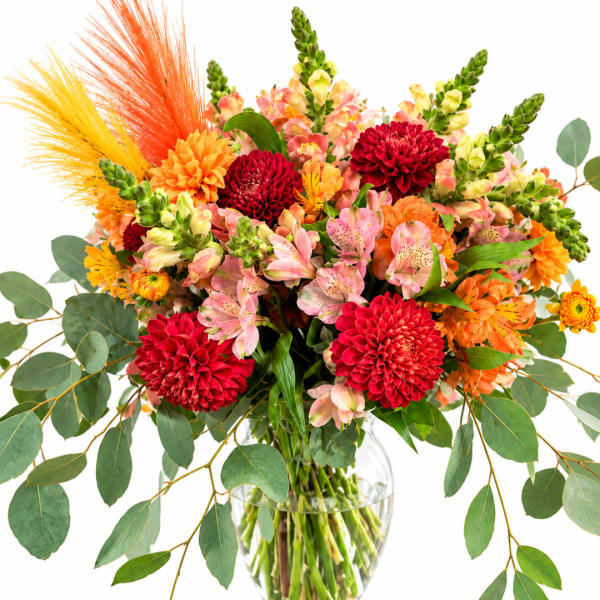 Bright mixed bouquet with red, orange, and pink flowers in a clear glass vase