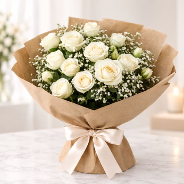 Bouquet of white roses wrapped in brown paper with a satin ribbon
